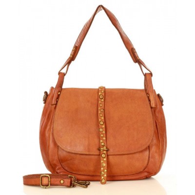 Damen Schultertasche Umhängetasche Leder Schwarz & Beige im BOHO Stil mit nieten